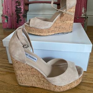 Tall nude suede wedges with ankle strap